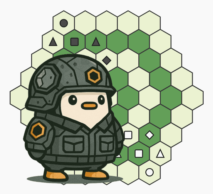 Pengu Commander — APV mascot on a tactical hex grid